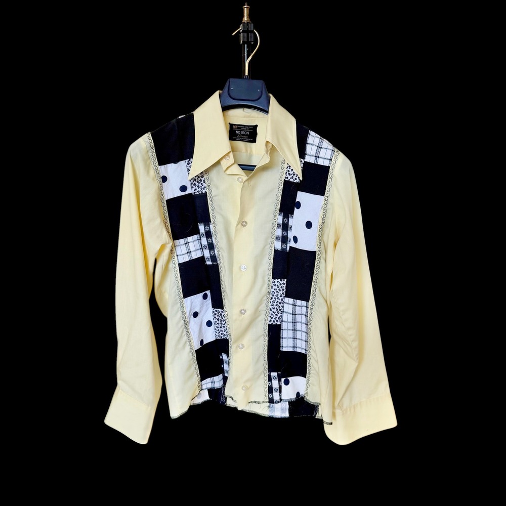 Vintage JCPenney Yellow Patchwork Polka Dot Plaid Button‎ Down Shirt 15-32